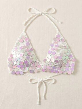 White Handmade Crochet Festival Y2K Sequins Halter Top M